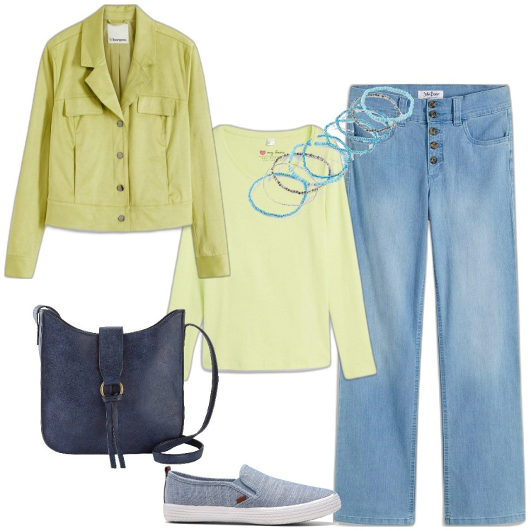 Outfit donna - Explore Springtime - Bonprix editorial. Stile Basic per Tutti i giorni. Abbinamento con maglieria, jeans dritti, blazer, borse a tracolla, sneakers, braccialetti.