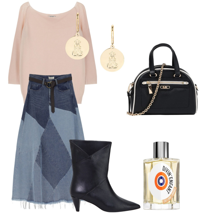 Outfit donna - La minibag di stile. Stile Trendy per Tutti i giorni. Abbinamento con borse a mano, profumi, pullovers, gonne longuette, stivaletti, orecchini.