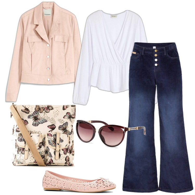 Outfit donna - Explore Springtime - Bonprix editorial. Stile 70s per Tutti i giorni. Abbinamento con ballerine, occhiali da sole, pantaloni, borse a tracolla, maglieria, blazer.