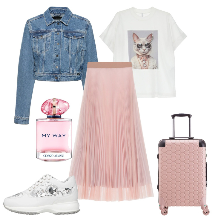 Outfit donna - Week end di primavera. Stile Romantica per Tutti i giorni. Abbinamento con sneakers, profumi, t-shirt, gonne lunghe, blazer, valigie.