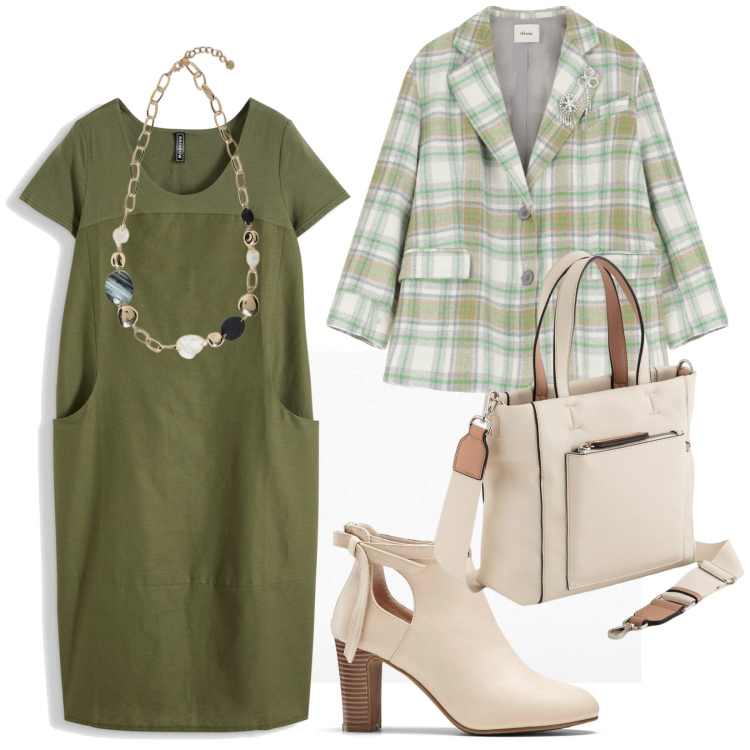 Outfit donna - Primavera pazzerella. per Tutti i giorni. Abbinamento con stivaletti, vestiti, blazer, collane, borse a mano.