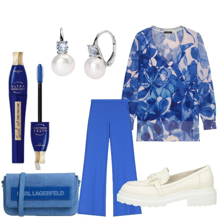 Outfit donna - Perle e fiori blu. Stile Casual chic per Serata fuori. Abbinamento con borse a tracolla, mocassini, mascara, orecchini, pantaloni, maglieria.