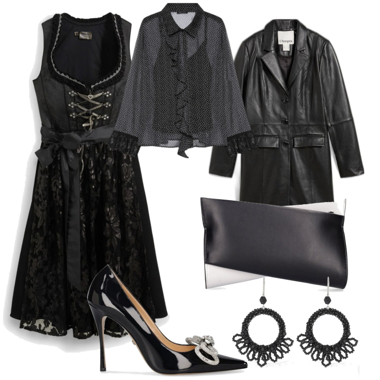 Outfit donna - Festa a tema , black. per Serata fuori. Abbinamento con vestiti, cappotti, camicie, pochette, orecchini, décolleté.