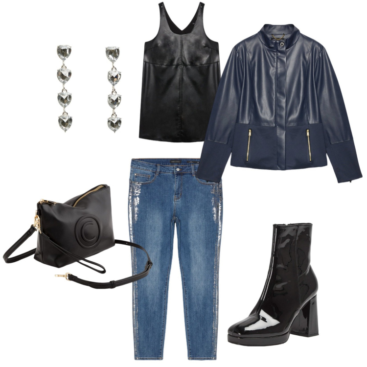 Outfit donna - In città. Stile Urban per Tutti i giorni. Abbinamento con orecchini, stivaletti, blazer, jeans skinny, vestiti corti, valigie.