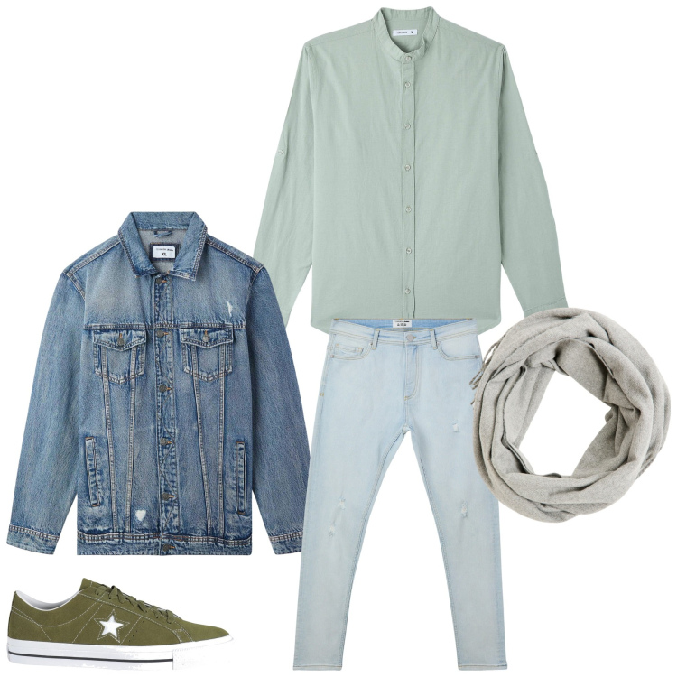 Outfit uomo - Primavera. Stile Casual per Tutti i giorni. Abbinamento con sneakers, camicie, giacche, sciarpe, jeans strappati.