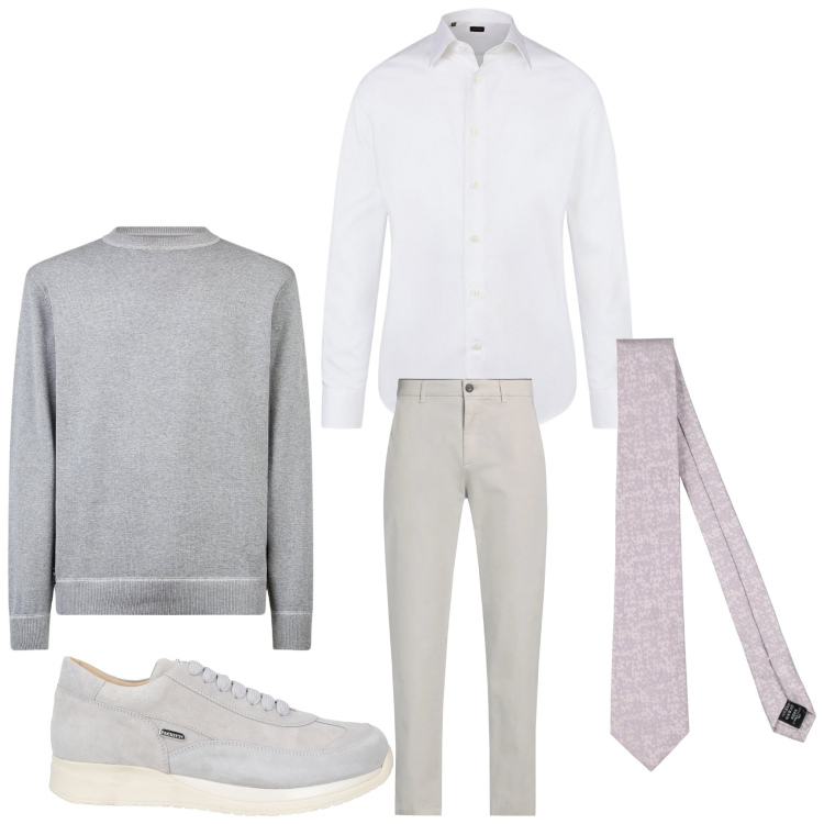 Outfit uomo - Grigio dolce. Stile Business/Elegante per Serata speciale. Abbinamento con sneakers, pantaloni chino, cravatte, camicie, maglieria.