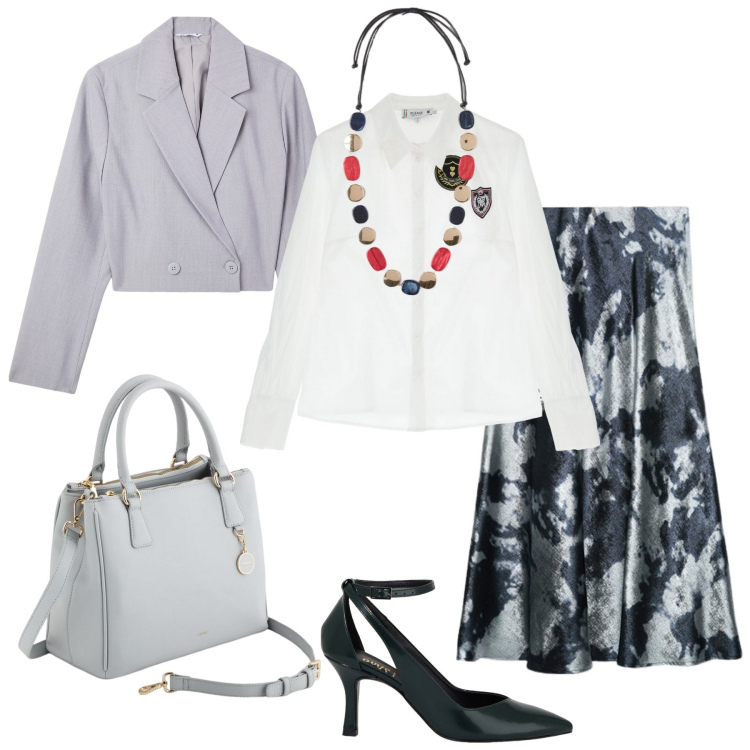 Outfit donna - È primavera. Stile Romantica per Serata fuori. Abbinamento con blazer, camicie, décolleté, gonne longuette, collane, borse a mano.