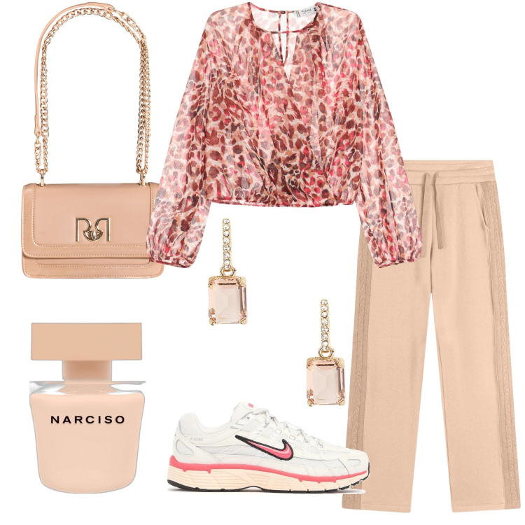 Outfit donna - Colori delicati con tocchi vivaci. Stile Sporty chic per Tutti i giorni. Abbinamento con profumi, bluse, borse a tracolla, pantaloni, orecchini, sneakers.