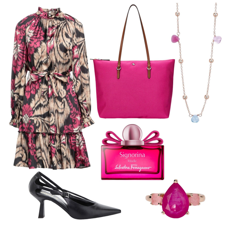 Outfit donna - Contrasti con fiori. Stile Glamour per Serata fuori. Abbinamento con vestiti corti, profumi, collane, anelli, décolleté, borse tote.