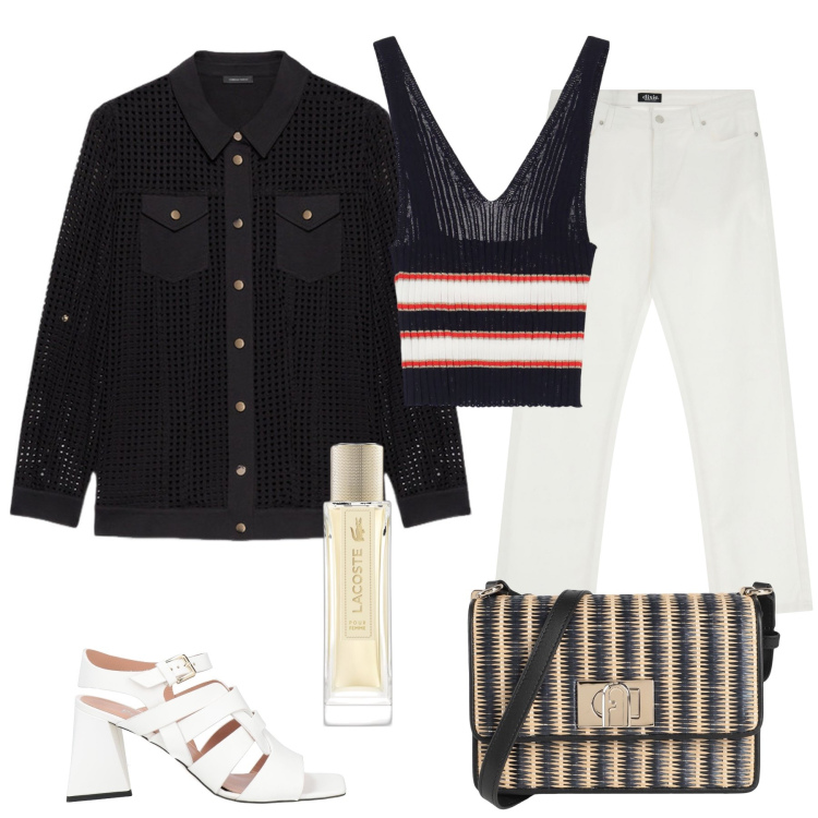 Outfit donna - Giacca a rete nera. Stile Chic per Tutti i giorni. Abbinamento con sandali in pelle, borse a tracolla, profumi, top, pantaloni, camicie.
