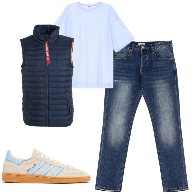 Outfit uomo - City. Stile Casual per Tutti i giorni. Abbinamento con cappotti, t-shirt, jeans dritti, sneakers.