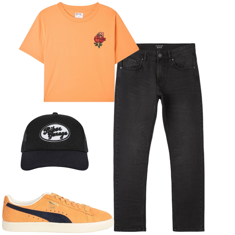 Outfit uomo - City. Stile Casual per Tutti i giorni. Abbinamento con sneakers, t-shirt, cappelli, jeans dritti.