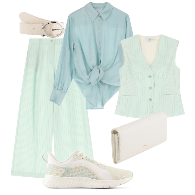 Outfit donna - Sfumature verde pastello-@marystyle. Stile Trendy per Ufficio. Abbinamento con sneakers, gilet, pantaloni a palazzo, camicie, portafogli, cinture.
