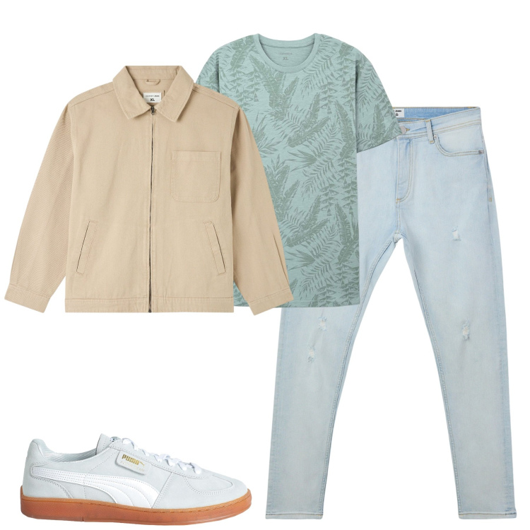 Outfit uomo - City. Stile Urban per Tutti i giorni. Abbinamento con sneakers, giacche, jeans strappati, t-shirt.