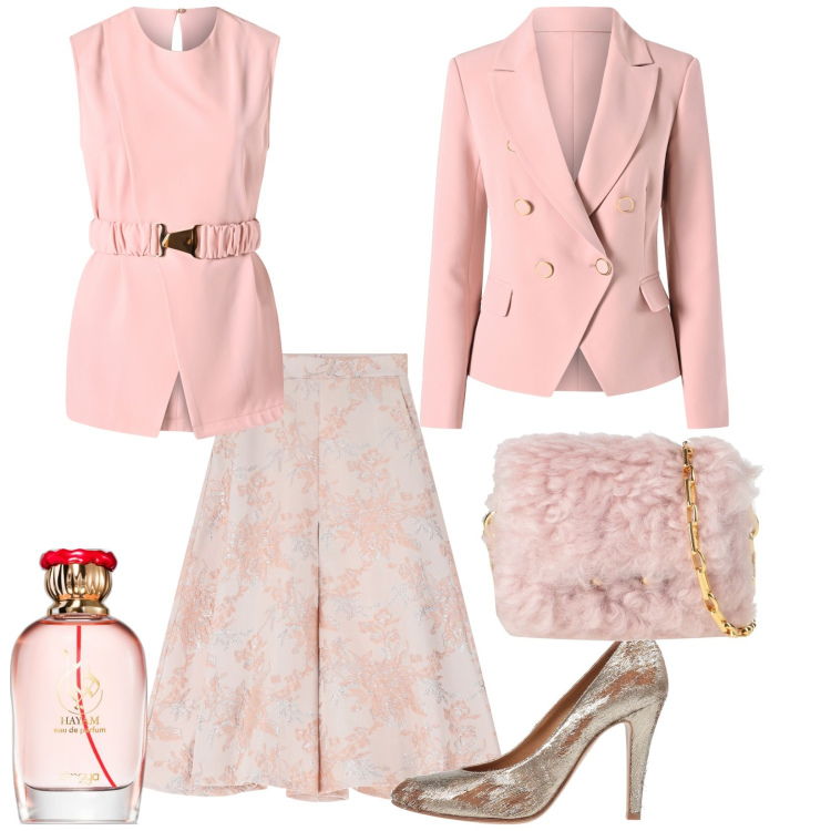 Outfit donna - Total look #2079876. Stile Chic per Cerimonia. Abbinamento con borse a tracolla, décolleté, profumi, bluse, blazer, gonne.
