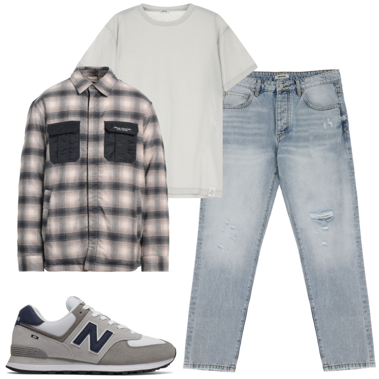 Outfit uomo - City. Stile Casual per Tutti i giorni. Abbinamento con giacche, sneakers, jeans strappati, t-shirt.