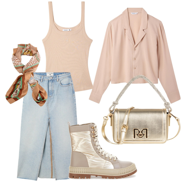 Outfit donna - Total look #2079890. Stile Casual chic per Tutti i giorni. Abbinamento con camicie, gonne lunghe, canottiere, borse a mano, stivaletti, foulard.