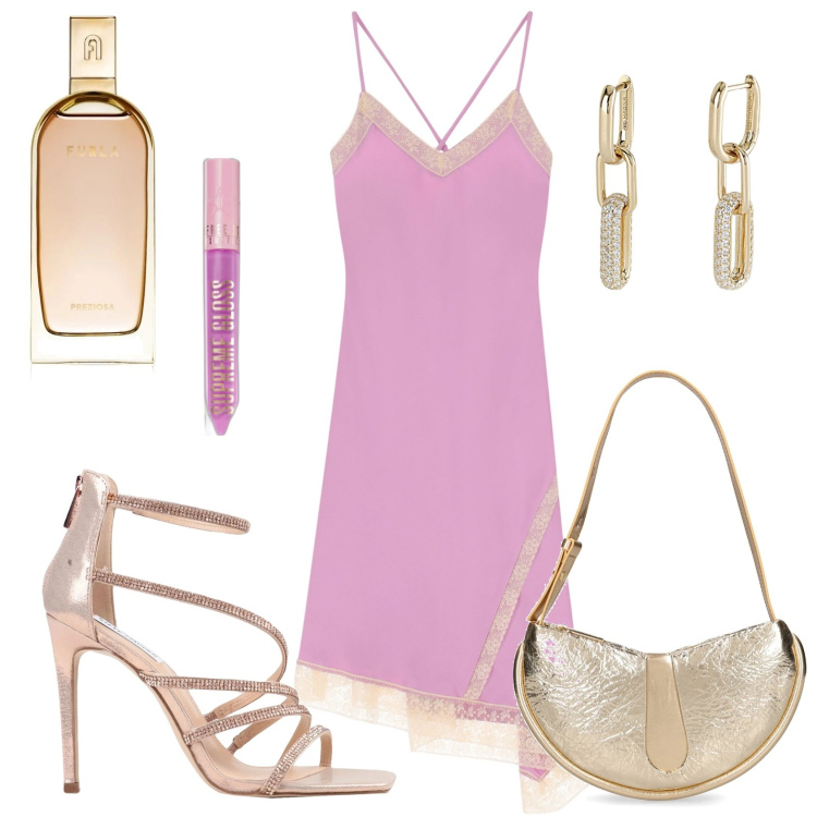 Outfit donna - La serata estiva. Stile Glamour per Serata fuori. Abbinamento con sandali col tacco, gloss, profumi, orecchini, vestiti asimmetrici, borse a spalla.