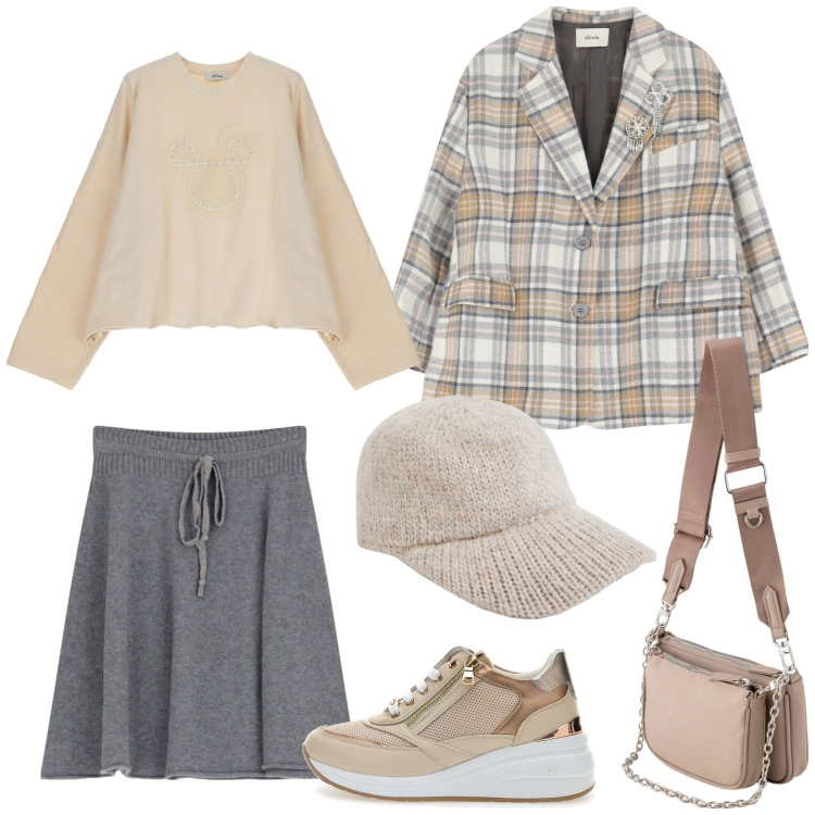 Outfit donna - Total look #2079898. Stile Casual per Tutti i giorni. look ideale per Petite. Abbinamento con cappelli, minigonne, blazer, felpe, sneakers, pochette.