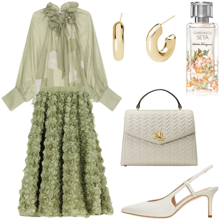 Outfit donna - Floreale vintage da cerimonia. Stile Vintage retrò per Cerimonia. Abbinamento con profumi, orecchini, gonne, bluse, décolleté, borse a mano.