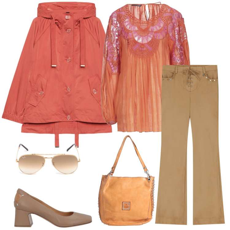Outfit donna - I love colours. Stile Chic per Tutti i giorni. Abbinamento con top, borse a mano, décolleté, pantaloni, parka, occhiali da sole.