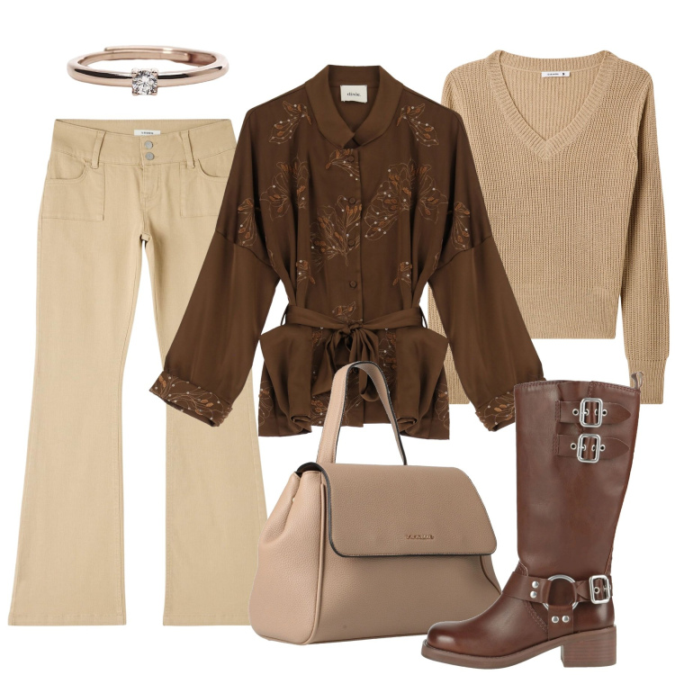 Outfit donna - Naturalmente boho. Stile Boho per Tutti i giorni. Abbinamento con zaini, stivali, anelli, pantaloni, maglieria, blazer.