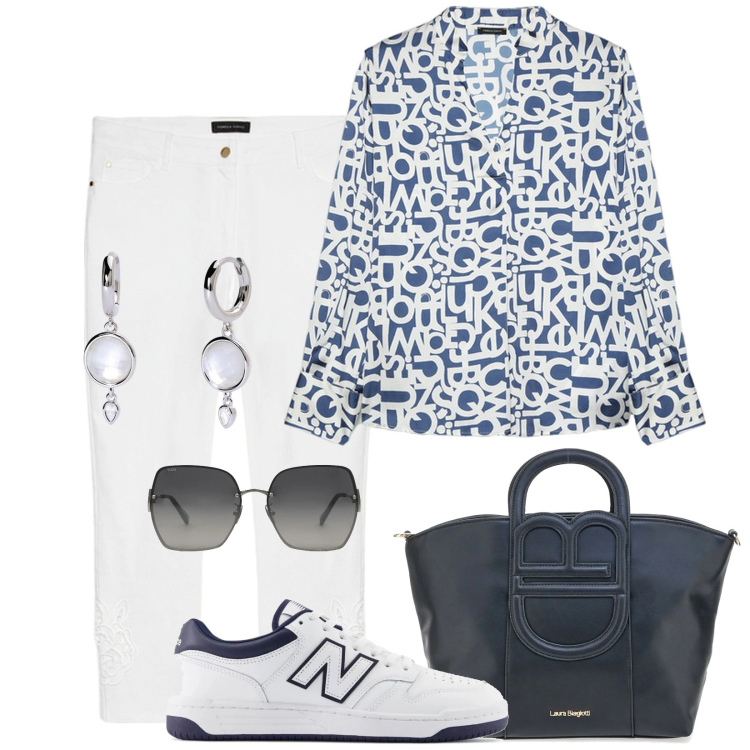 Outfit donna - Total look #2079907. Abbinamento con occhiali da sole, orecchini, sneakers, bluse, pantaloni skinny, borse a tracolla.
