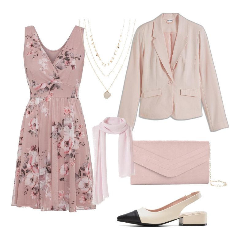 Outfit donna - L\' abito a fiori. Stile Romantica per Cerimonia. Abbinamento con blazer, décolleté, collane, vestiti corti, pochette, sciarpe.