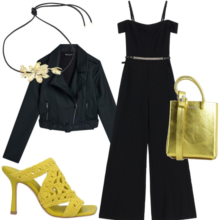 Outfit donna - La jumpsuit da sera. Stile Glamour per Serata fuori. Abbinamento con sandali in pelle, borse a spalla, tute, giacche, collane.