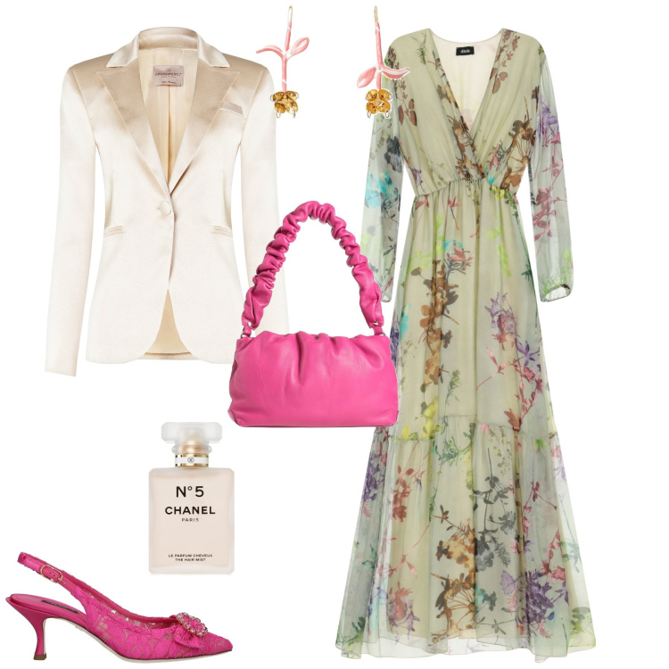 Outfit donna - Cerimonia evento speciale. Stile Boho per Cerimonia. Abbinamento con borse a mano, décolleté, orecchini, profumi, blazer, vestiti lunghi.