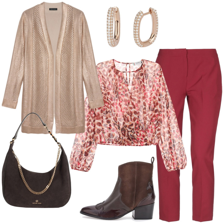 Outfit donna - Total look #2079919. Stile Casual chic per Serata fuori. Abbinamento con pantaloni, borse a spalla, orecchini, bluse, stivaletti texani, cardigans.
