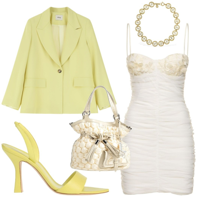 Outfit donna - Outfit cerimonia. Stile Glamour per Cerimonia. Abbinamento con sandali in pelle, borse a secchiello, blazer, vestiti, collane.