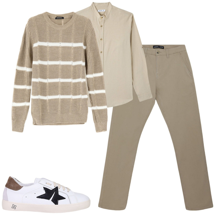 Outfit uomo - Primavera. Stile Urban per Tutti i giorni. Abbinamento con camicie, pantaloni chino, sneakers, maglieria.