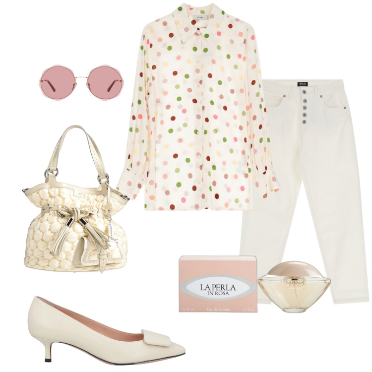Outfit donna - Camicia pois. Stile Casual chic per Tutti i giorni. Abbinamento con borse a secchiello, décolleté, occhiali da sole, profumi, camicie, jeans.