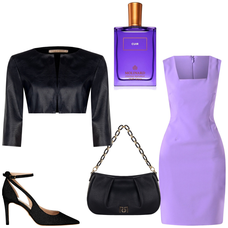 Outfit donna - Profumo di violette. Stile Chic per Serata fuori. Abbinamento con profumi, vestiti a tubino, bolero, décolleté, borse a tracolla.
