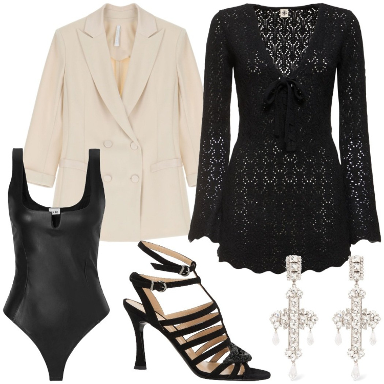 Outfit donna - Front-woman. Stile Rock per Serata fuori. Abbinamento con body, sandali alla schiava, blazer, vestiti, orecchini.