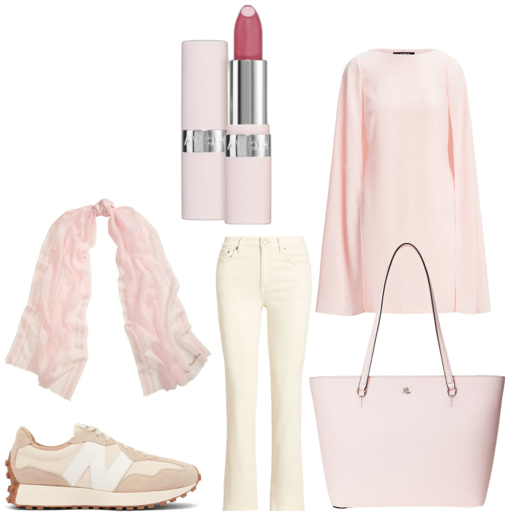 Outfit donna - Rosa per me. Stile Casual per Tutti i giorni. Abbinamento con rossetti, sneakers, jeans dritti, vestiti, borse tote, sciarpe.