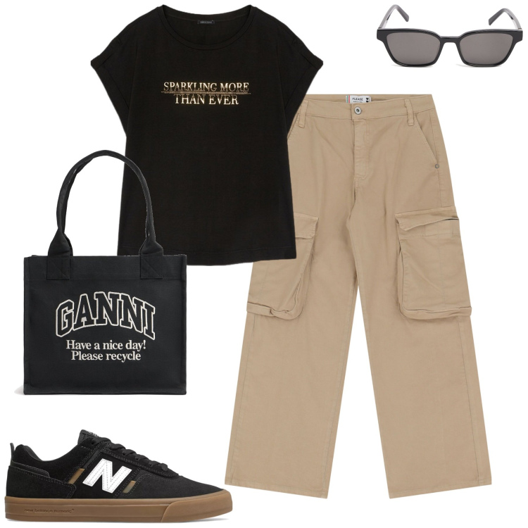 Outfit donna - City. Stile Casual per Tutti i giorni. Abbinamento con sneakers, pantaloni chino, t-shirt, shopping bag, occhiali da sole.