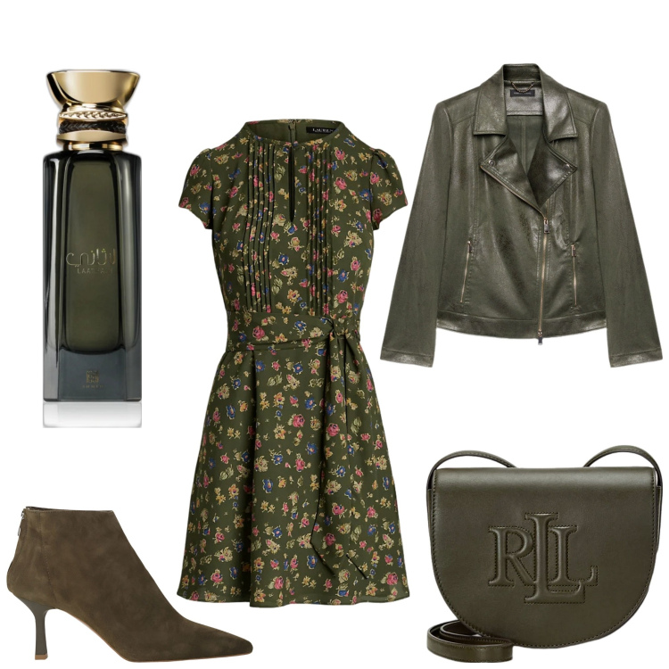 Outfit donna - Fiori rock. Stile Rock per Serata fuori. Abbinamento con profumi, stivaletti, borse a tracolla, vestiti, blazer.