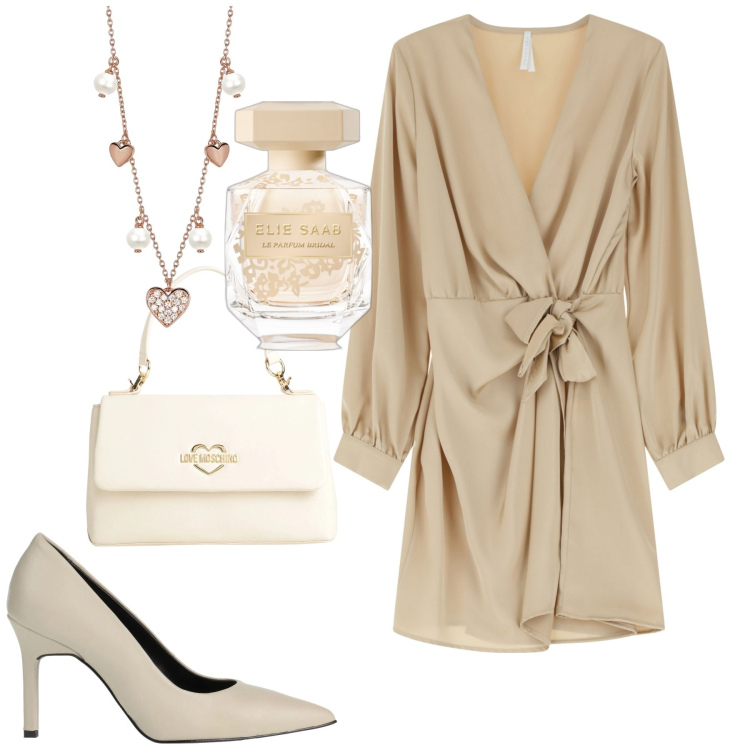 Outfit donna - Champagne. Stile Chic per Tutti i giorni. Abbinamento con décolleté, borse a mano, profumi, collane, vestiti corti.