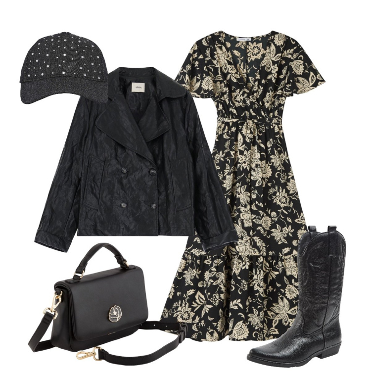 Outfit donna - L’abito floreale romantico e i tecsani. Stile Glamour per Tutti i giorni. Abbinamento con vestiti lunghi, stivali, cappelli, blazer, borse a cartella.