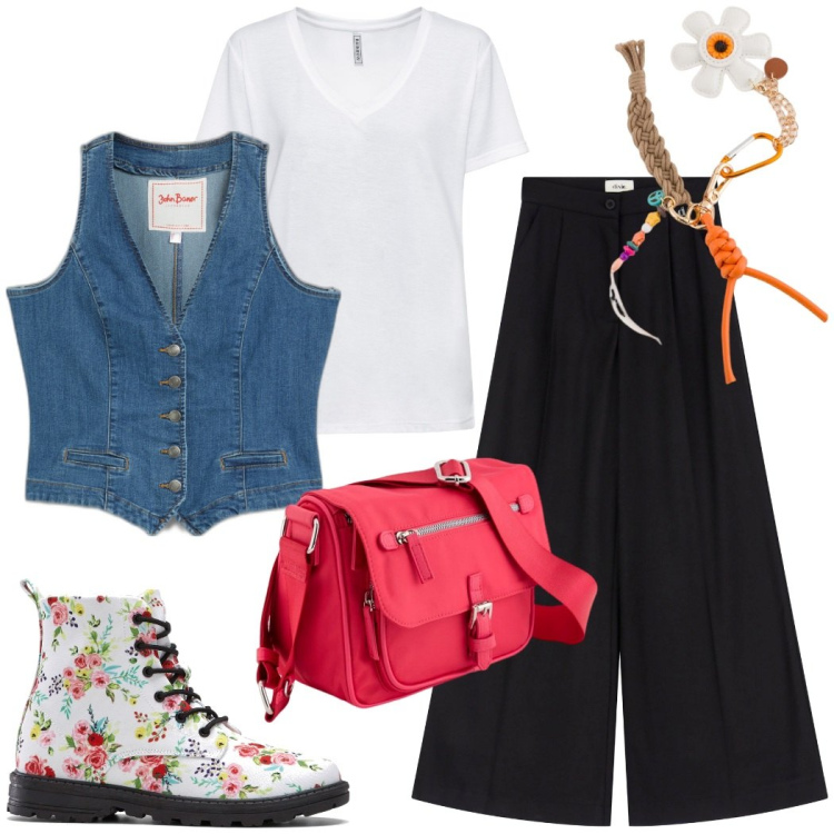 Outfit donna - Urban style. Stile Urban per Scuola/Università. Abbinamento con t-shirt, gilet, stivaletti, pantaloni, portachiavi, borse a tracolla.