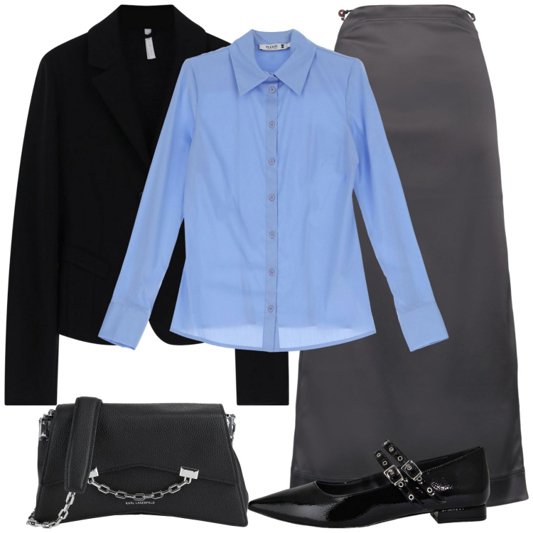 Outfit donna - Gonna longuette e blazer. Stile Casual chic per Tutti i giorni. Abbinamento con gonne lunghe, borse a tracolla, camicie, blazer, ballerine.