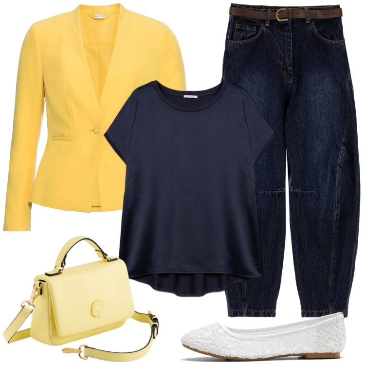 Outfit donna - Primavera alle porte. Stile Casual per Tutti i giorni. Abbinamento con blazer, ballerine, jeans, t-shirt, borse a cartella.