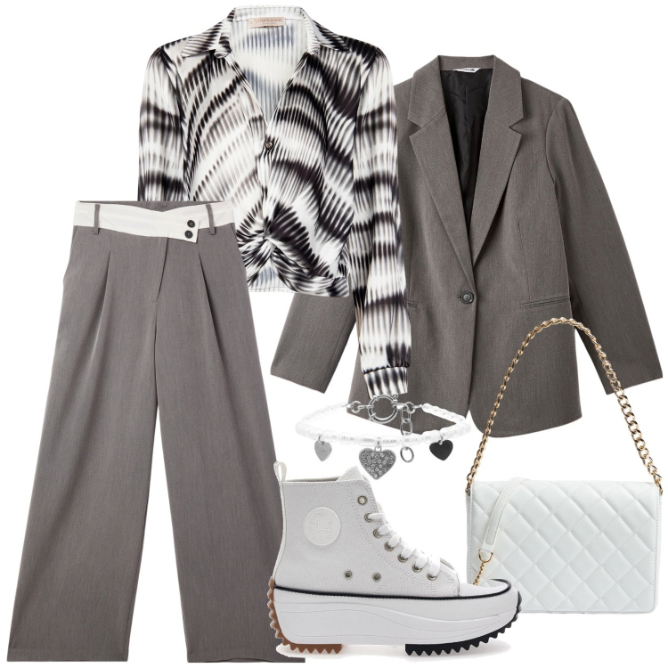 Outfit donna - Total look #2079955. Stile Casual chic per Serata fuori. Abbinamento con borse a tracolla, pantaloni, blazer, bluse, braccialetti, sneakers alte.