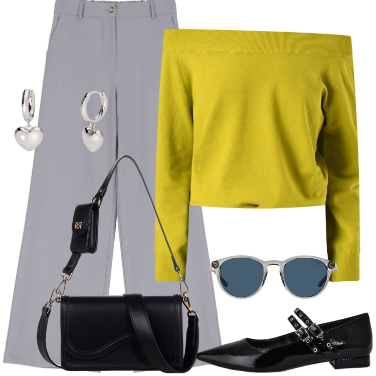 Outfit donna - Total look #2079964. Abbinamento con orecchini, pochette, maglieria, pantaloni a palazzo, ballerine, occhiali da sole.