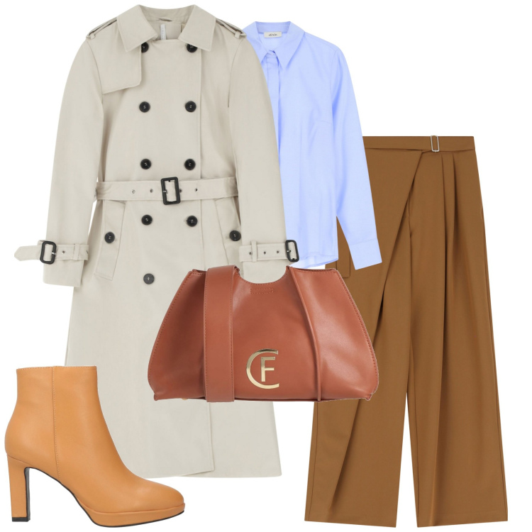 Outfit donna - City. Stile Urban per Tutti i giorni. Abbinamento con borse a tracolla, stivaletti, pantaloni a palazzo, trench, camicie.