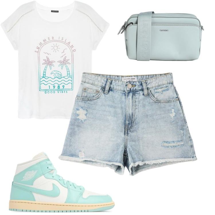 Outfit donna - Preview summer. Stile Casual per Tutti i giorni. Abbinamento con borse a tracolla, shorts, sneakers, t-shirt.