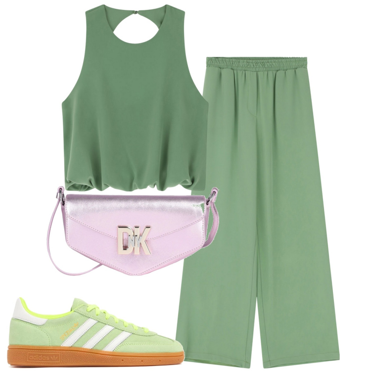 Outfit donna - Imperial. Stile Sporty chic per Tutti i giorni. Abbinamento con borse a tracolla, pantaloni a palazzo, top, sneakers.