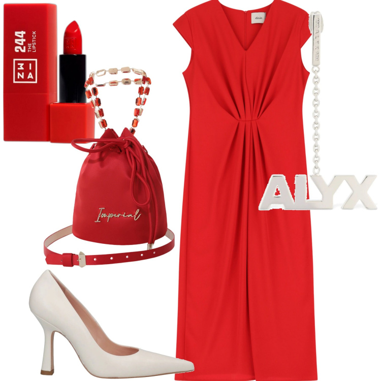 Outfit donna - Red. Stile Glamour per Tutti i giorni. Abbinamento con décolleté, rossetti, borse a secchiello, vestiti midi/longuette, orecchini.